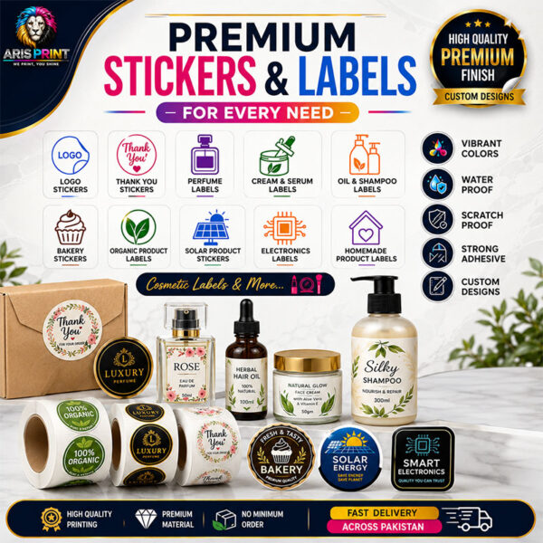 Premium Custom Stickers & Labels Printing 💎 Waterproof Vinyl | Logo, Cosmetic, Bakery, Perfume & Product Labels | ARIS PRINT