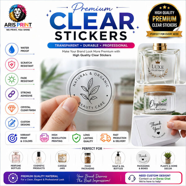 Clear Transparent Premium Custom Stickers & Labels Printing 💎 Waterproof Vinyl | Logo, Cosmetic, Bakery, Perfume & Product Labels | ARIS PRINT (Copy)